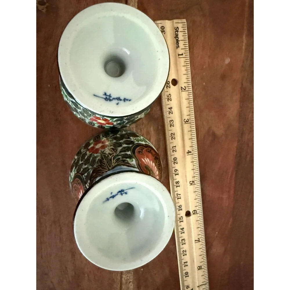 Vintage Japanese Imari Porcelain Sake Cups Set -2 Hand Painted Gold Gilt Footed